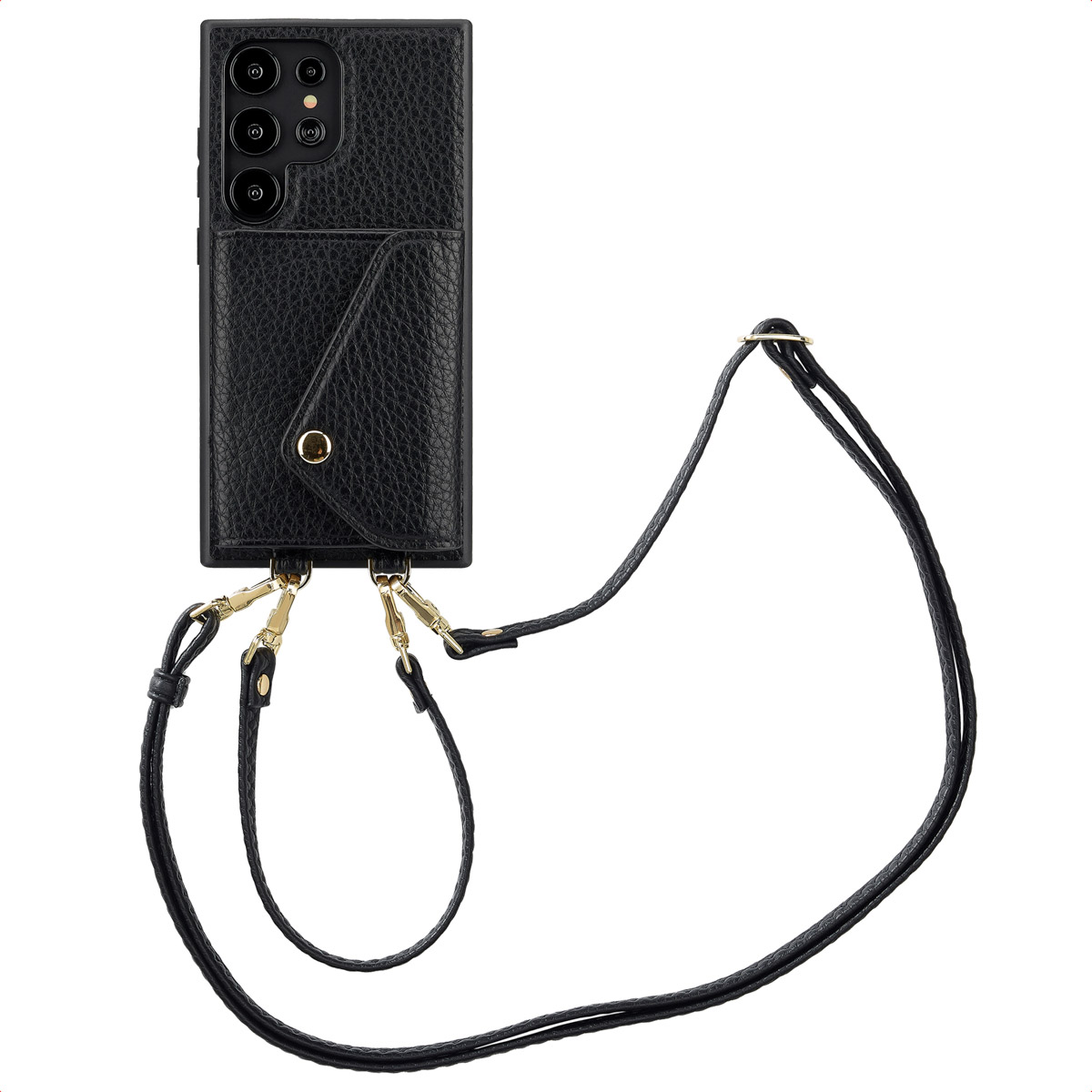 Coque de téléphone noire avec une sangle et une poche pour cartes. La sangle est noire.