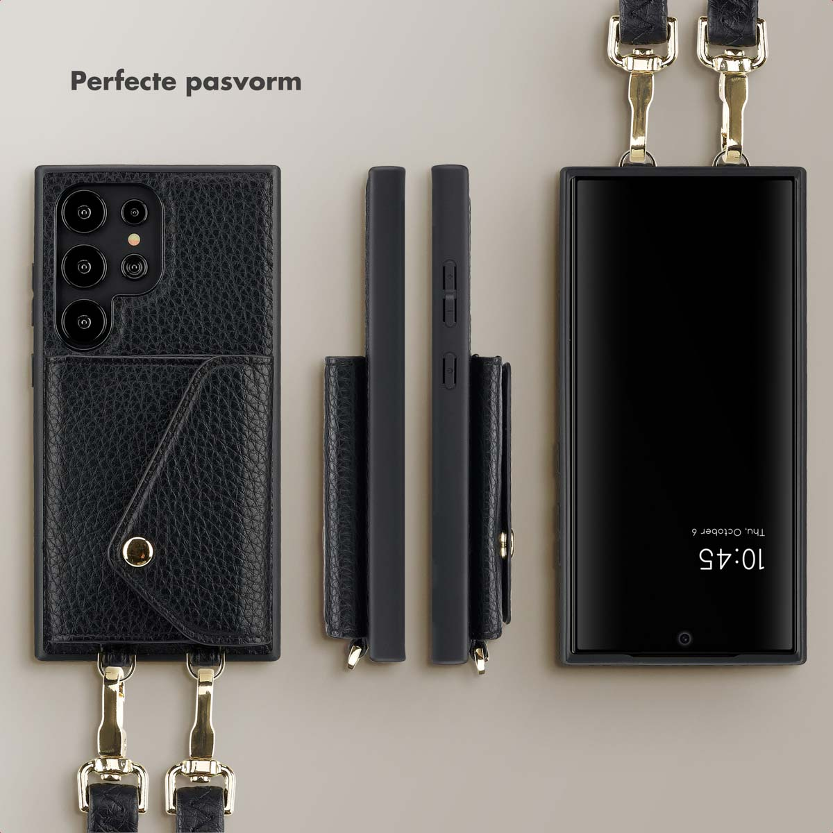 Coque de téléphone noire avec portefeuille et sangle. Trois téléphones et coques sont affichés. Fond neutre.