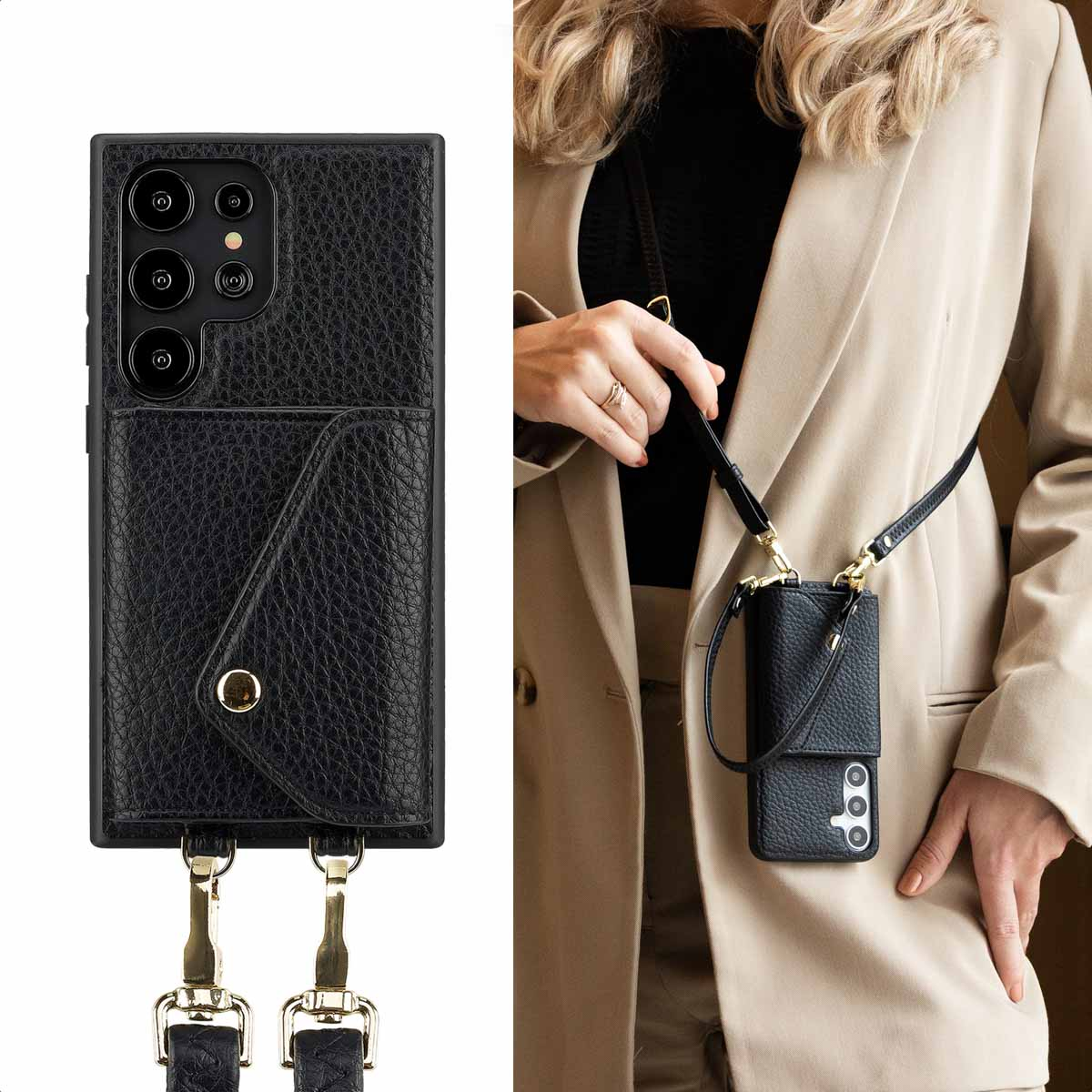 Coque de téléphone noire avec sangle, une femme avec une veste.
