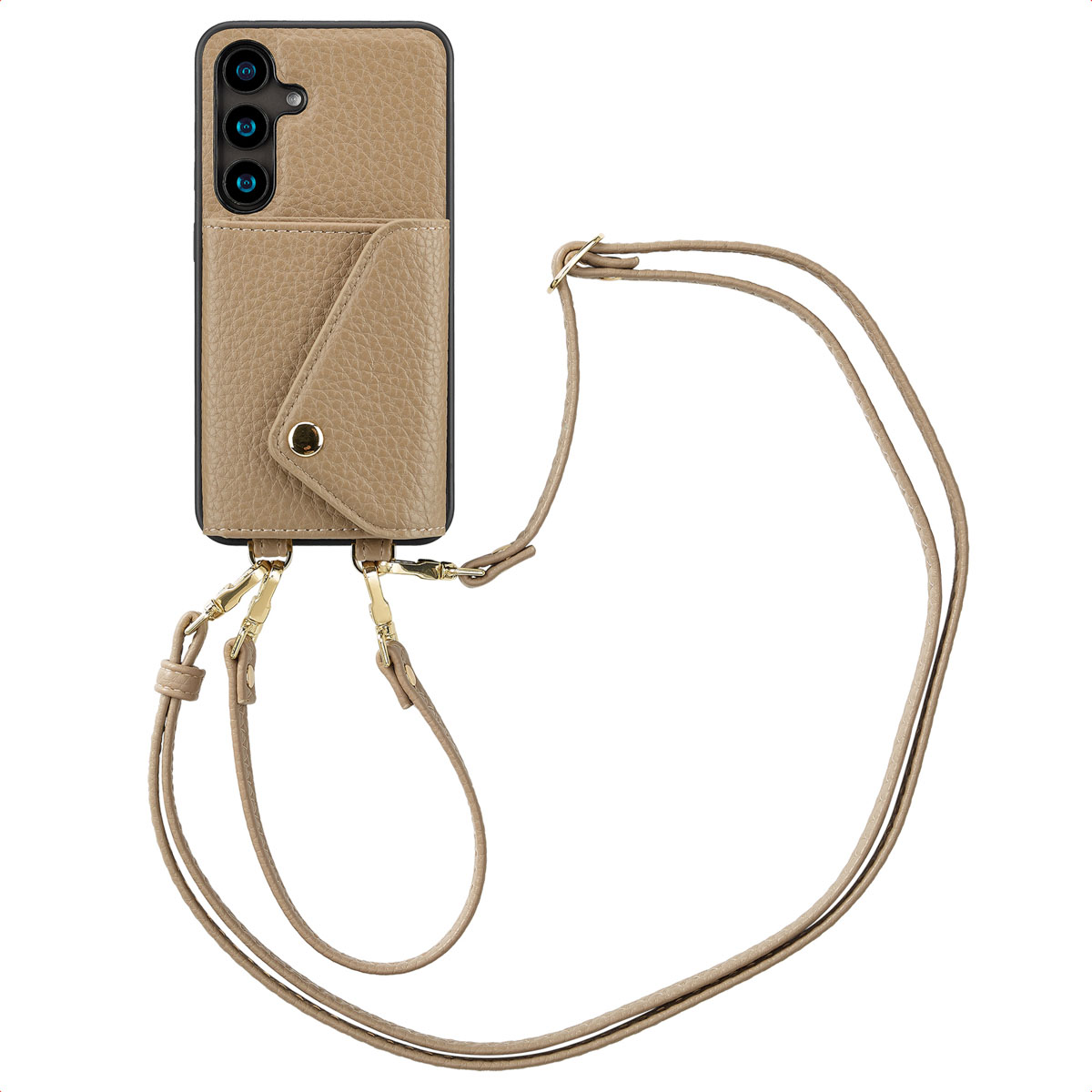 Beige telefoonhoes met riem en een portefeuille in envelopstijl. Telefoon zit in de hoes.