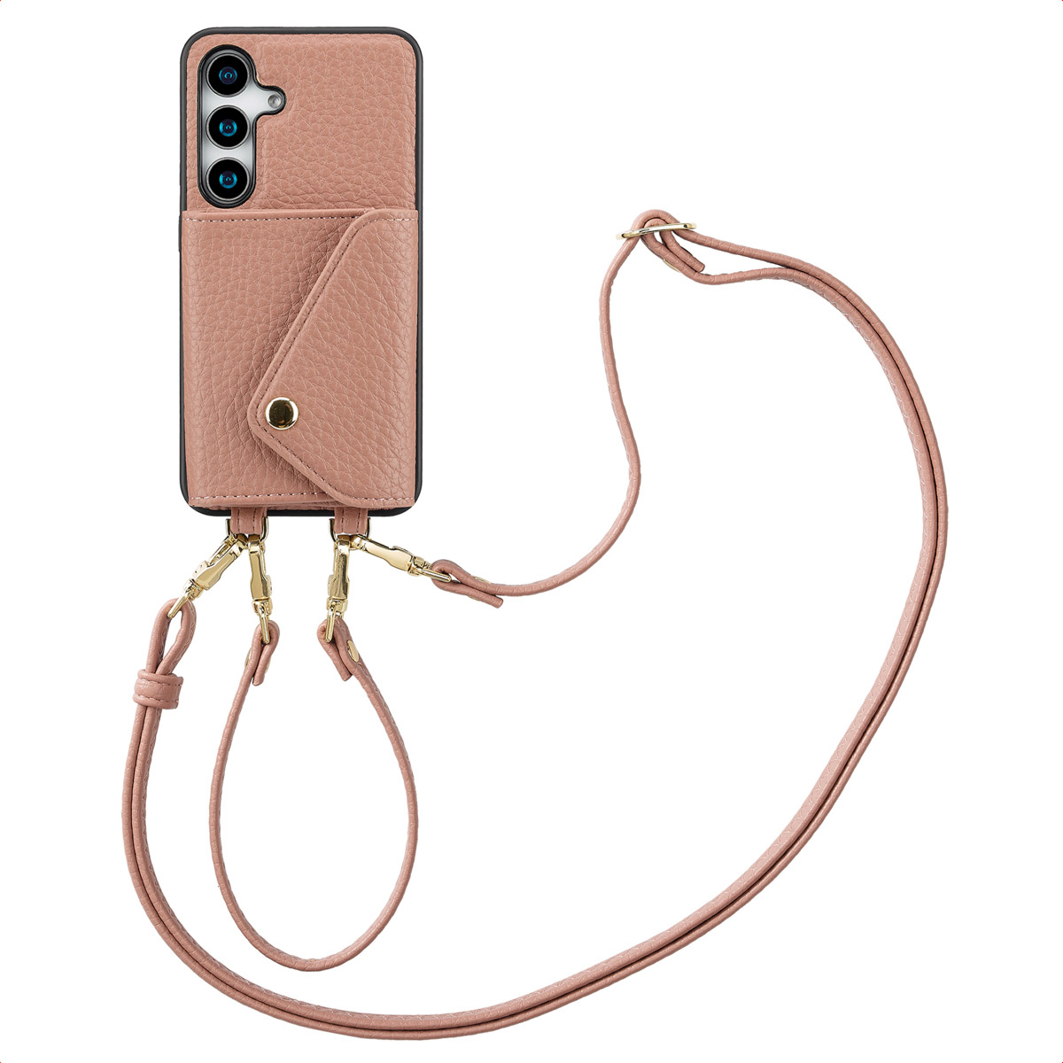Een roze telefoonhoesje met een kaarthouder en een riem.