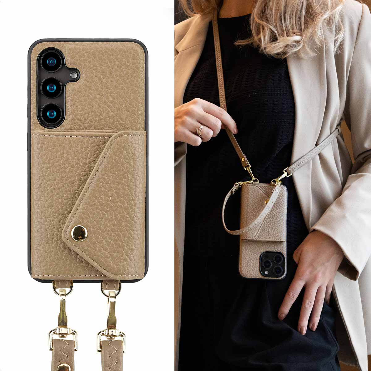 Beige leren telefoonhoes met riem. Vrouw met blazer houdt de hoes vast.