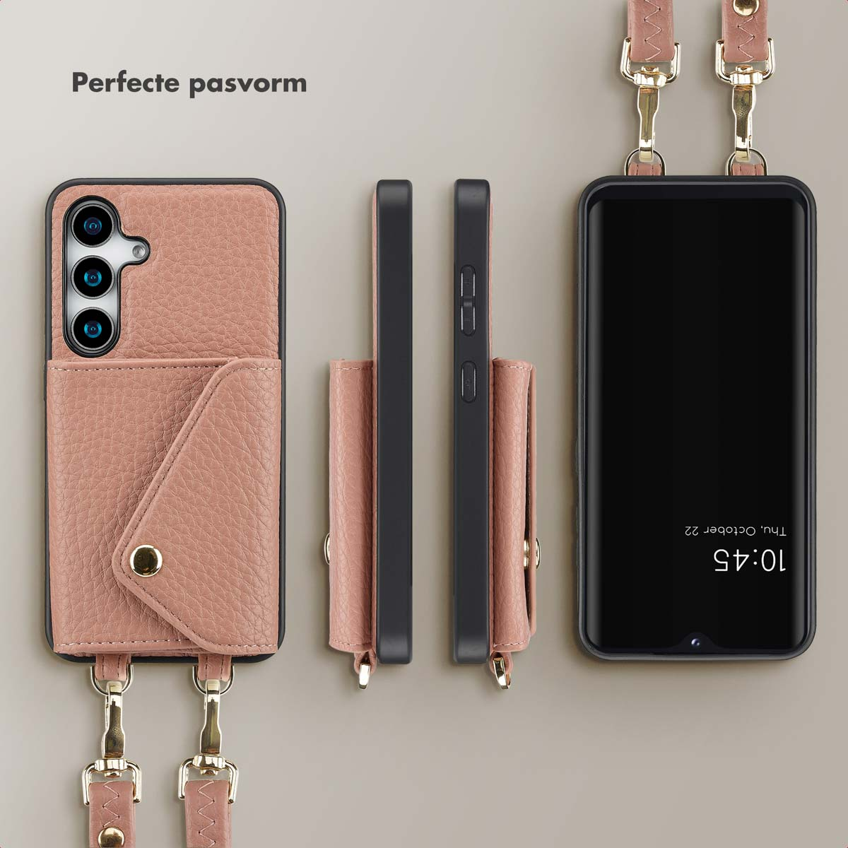 Roze telefoonhoesje met portemonnee en riem, vanuit verschillende hoeken bekeken.