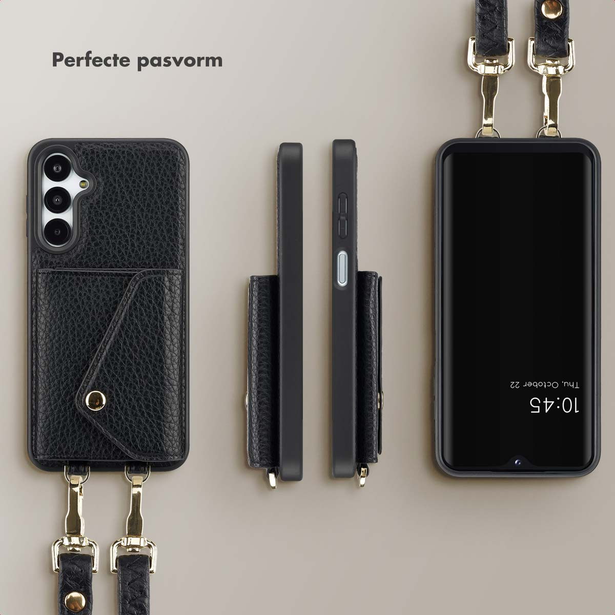 Custodia nera per telefono con portafoglio, che mostra il telefono da diverse angolazioni.