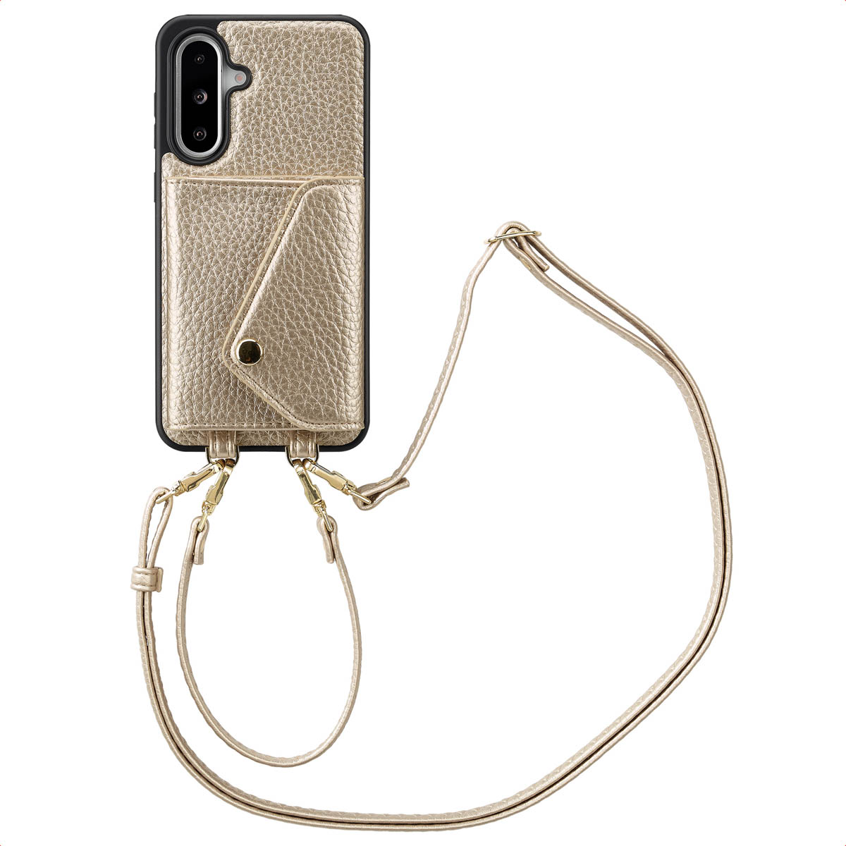 Gouden telefoonhoesje met kaartsleuf en riem. Witte achtergrond.