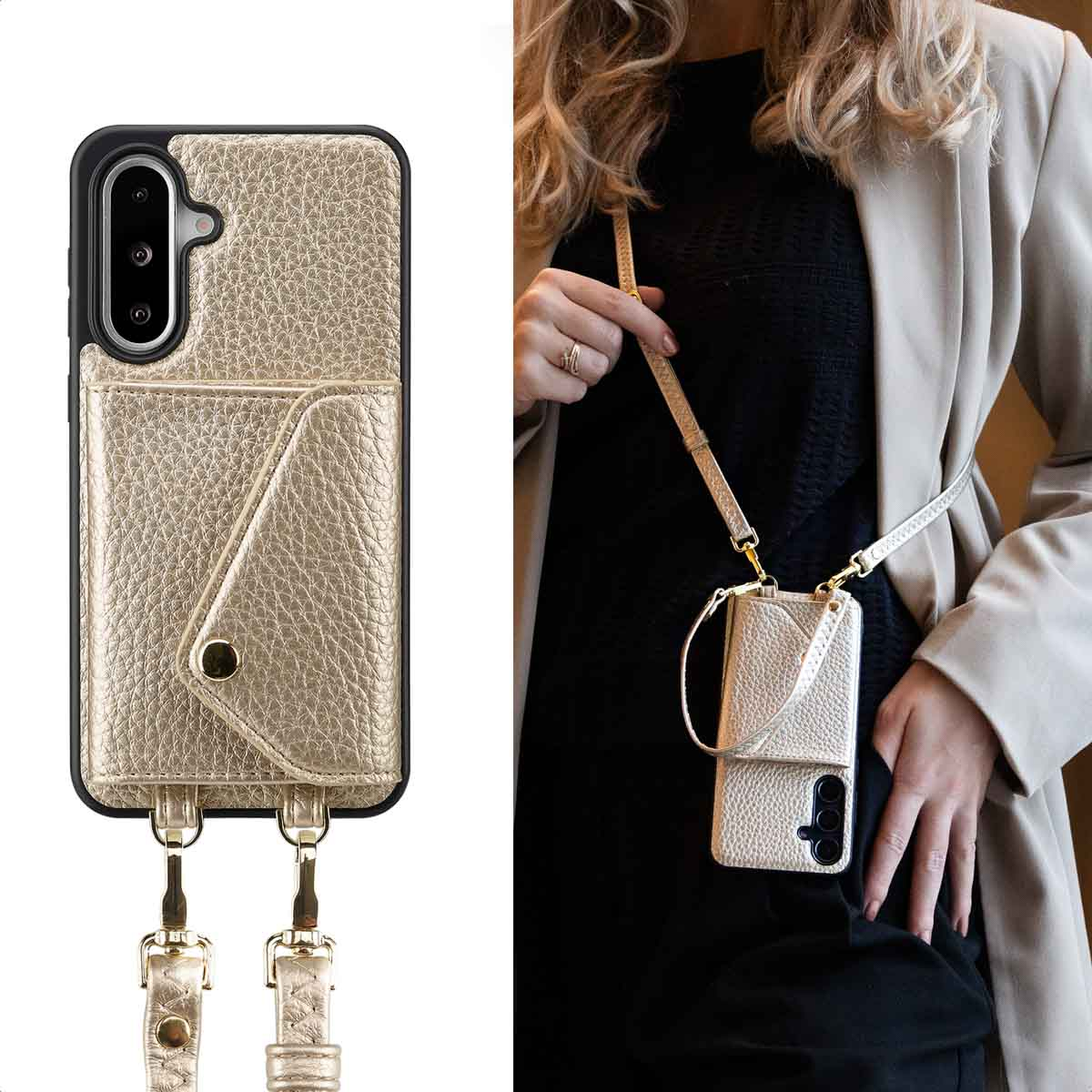 Gouden telefoonhoesje met kaartsleuf. Vrouw draagt hoesje met crossbody riem.