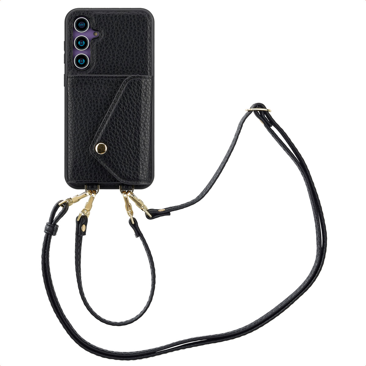 Zwarte telefoonhoes met riem, leertextuur en een zakje.