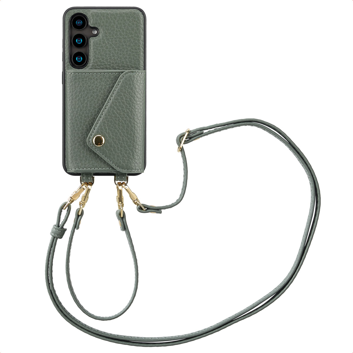 Groen telefoonhoesje met kaartsleuf en riem. Witte achtergrond.