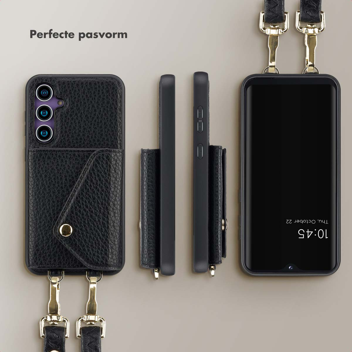 Zwarte telefoonhoes met zakje en gouden band, getoond met telefoon, zij- en achteraanzicht.