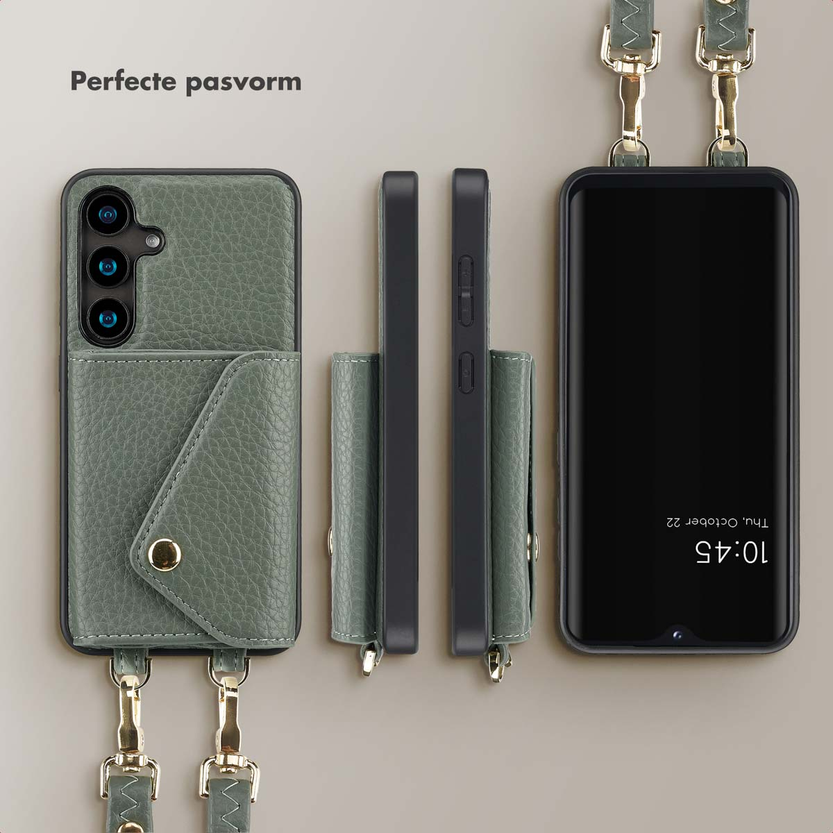 Groene telefoonhoes met band en bijpassende houder, drie aanzichten.