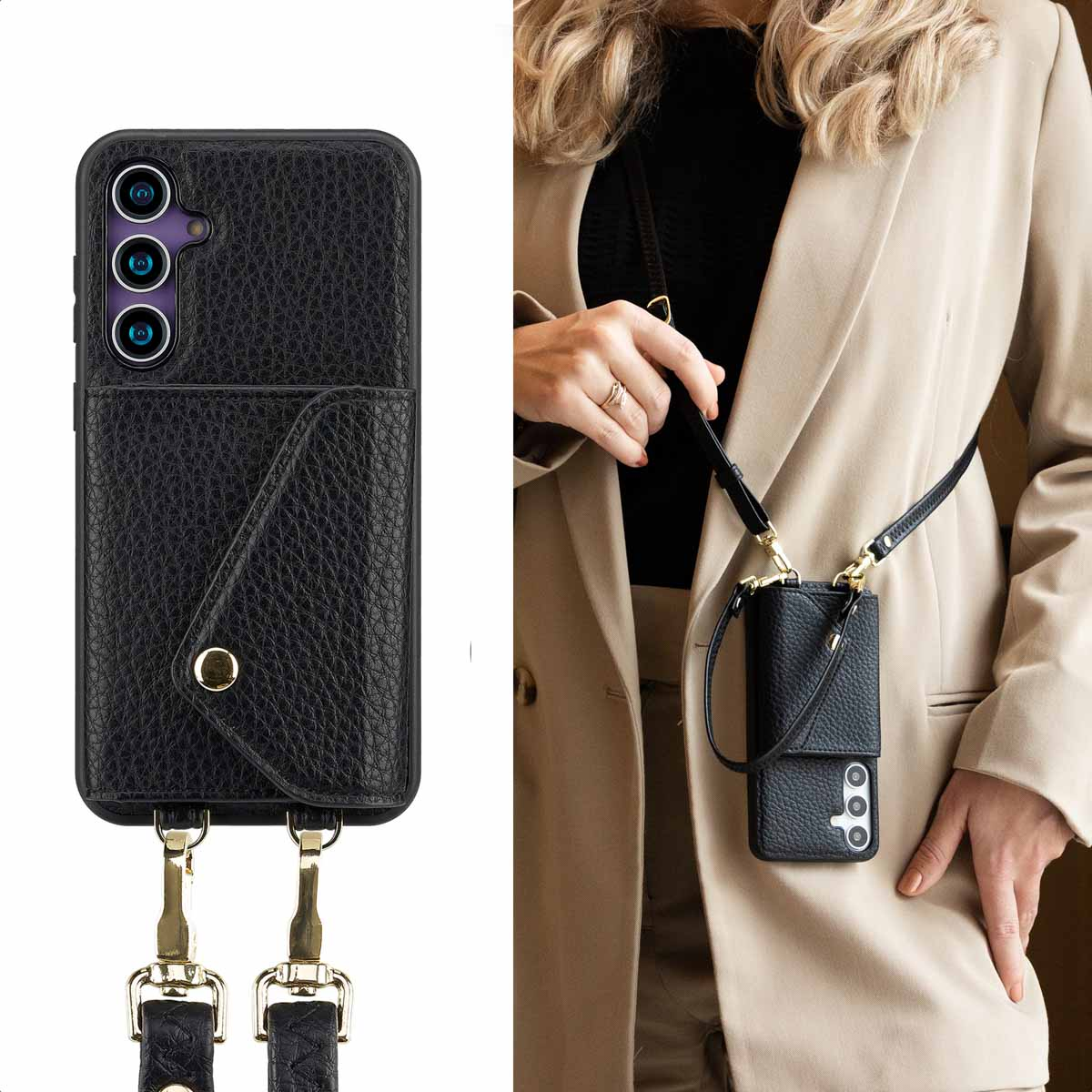 Vrouw die een zwart telefoonhoesje met riem en portemonnee vasthoudt. Telefoon is zichtbaar. Gouden hardware.
