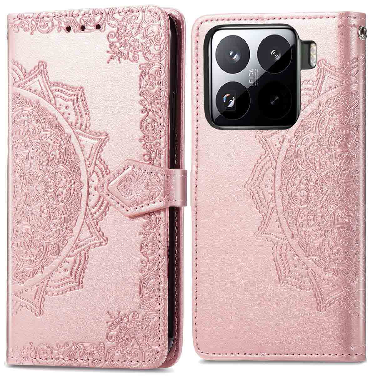 Roze telefoonhoes met bloemenpatroon aan beide zijden.
