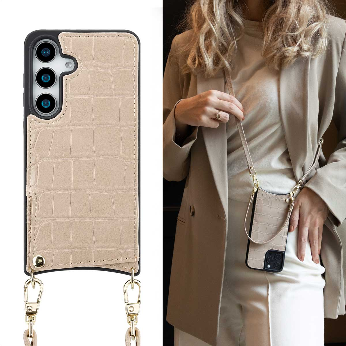 Beige telefoonhoesje met riem. Vrouw draagt ​​een blazer. Een vergelijkbare hoes is aan de blazer bevestigd.