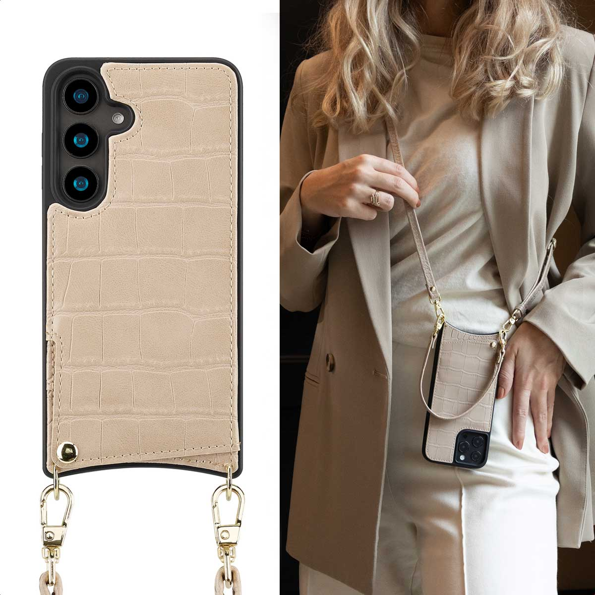 Beige telefoonhoes met een riem. Een vrouw houdt een telefoon vast met een beige krokodillenleren hoesje.