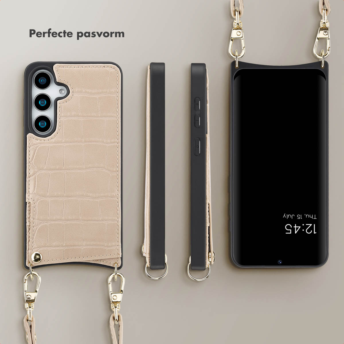 Tan telefoonhoes met krokodillenpatroon en riem. Drie telefoons en hoesjes worden getoond.