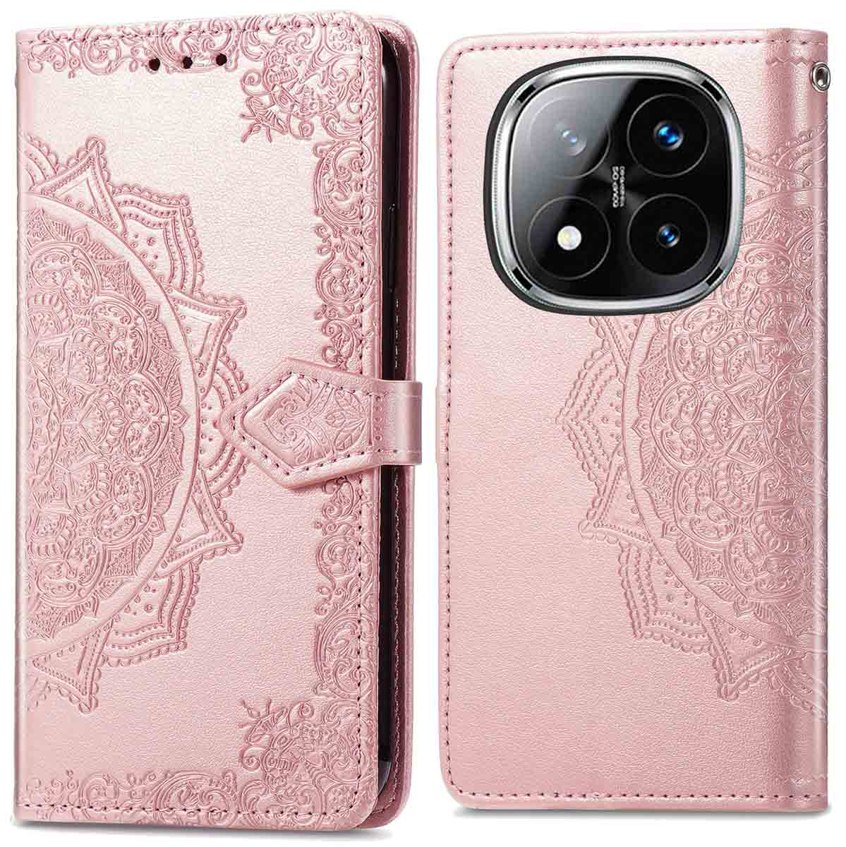 Coque de téléphone rose avec un motif mandala et une fermeture magnétique. Deux vues sont présentées.