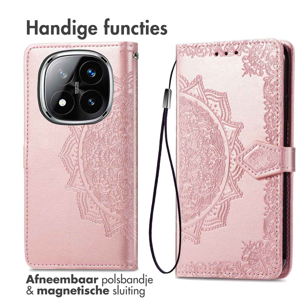 Coque de téléphone rose, motif mandala, ouverte et fermée. Avec dragonne et fermeture magnétique.