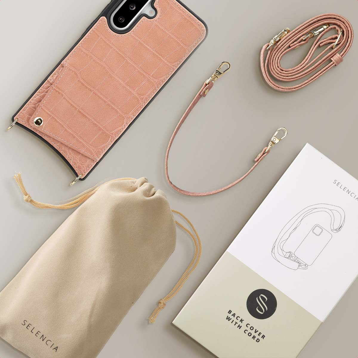 SELENCIA Nova Croco Backcover met koord en pashouder - Geschikt voor Samsung Galaxy A36 / A56 - Telefoonhoesje voor Samsung Samsung Galaxy A36/Samsung Galaxy A56 (5G) Roze