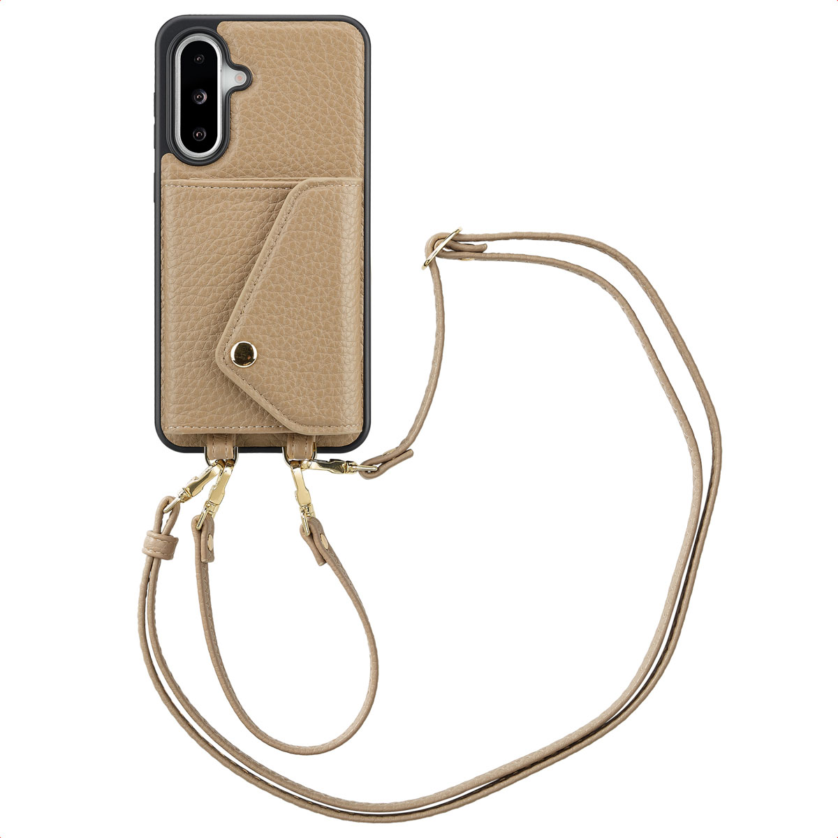 Beige telefoonhoes met riem en een portefeuille in envelopstijl. Telefoon zit in de hoes.