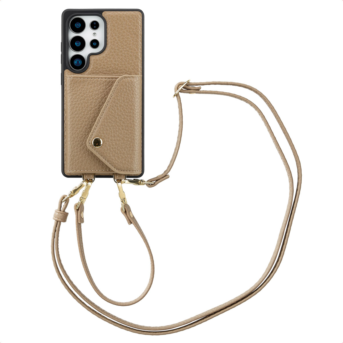 Tan telefoonhoes met riem. De telefoonhoes en riem worden getoond. De achtergrond is wit.