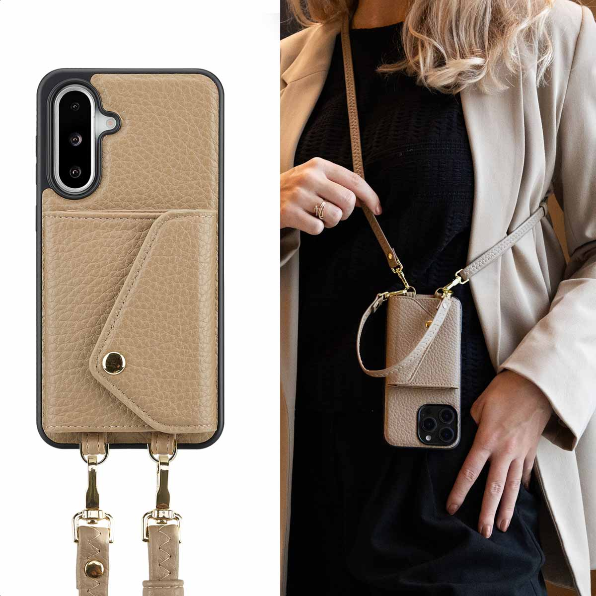 Vrouw die een beige telefoonhoesje met riem draagt en een telefoon vasthoudt.