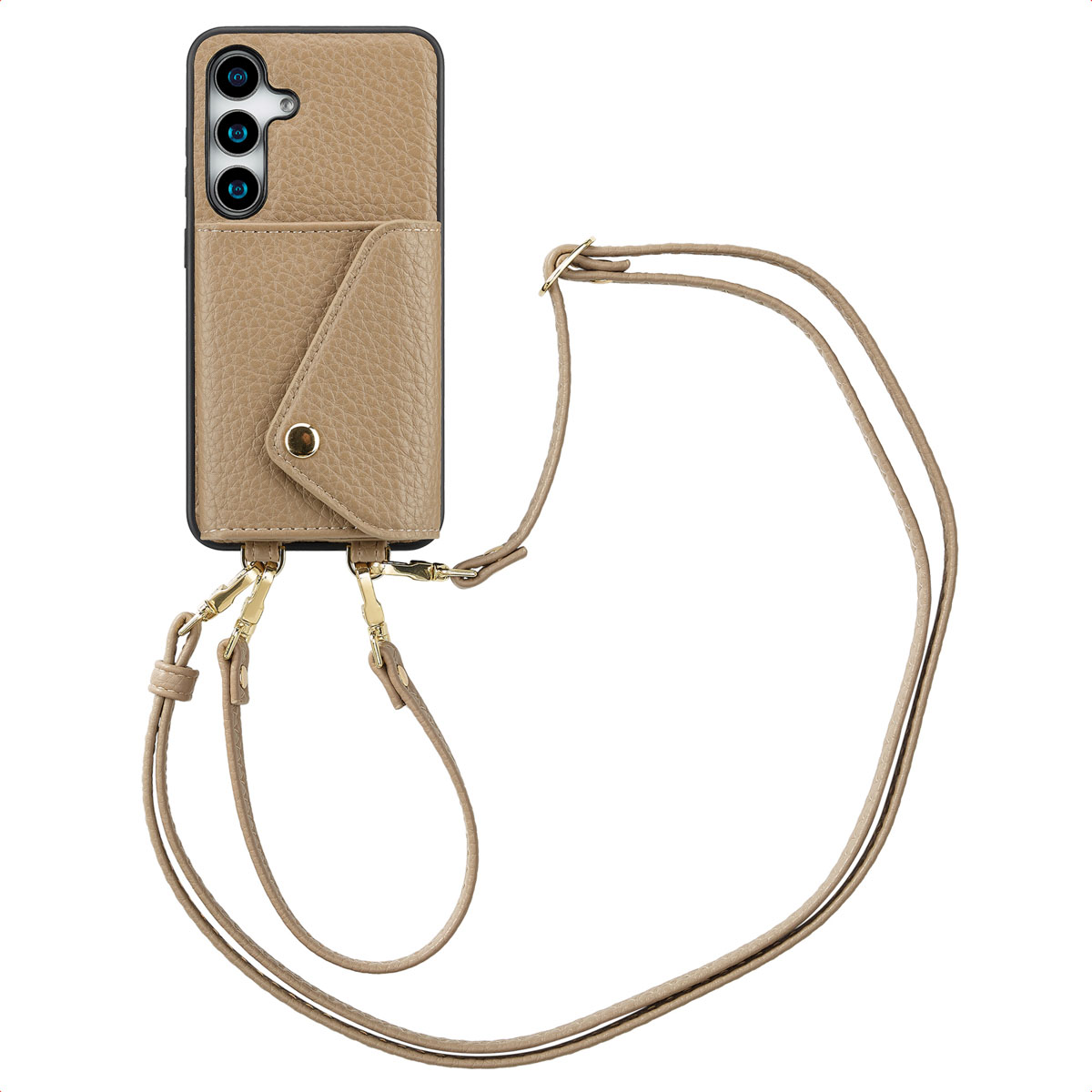 Beige telefoonhoesje met riem.