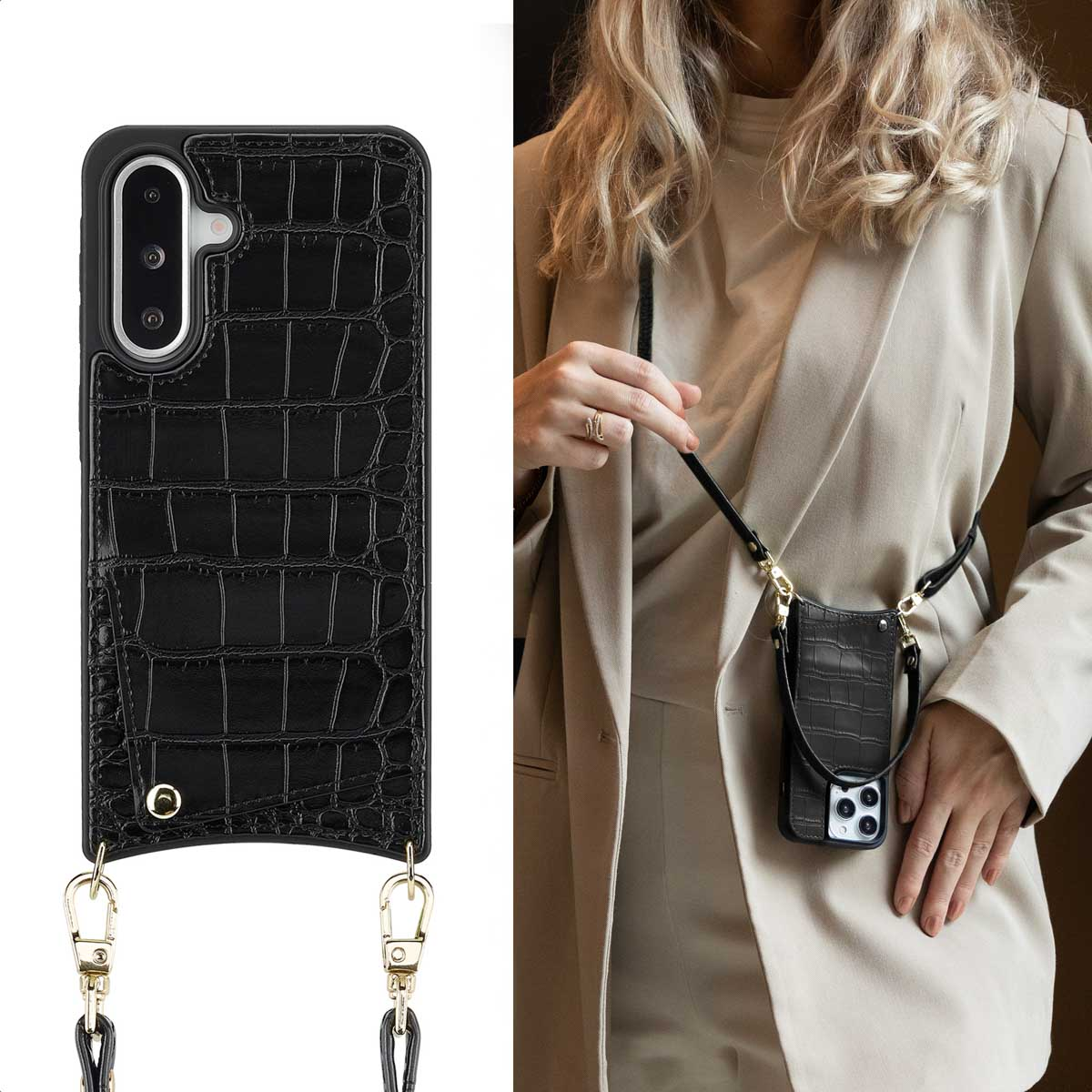 Zwarte telefoonhoes met krokodillenstructuur, gouden hardware en band, gedragen door een vrouw.