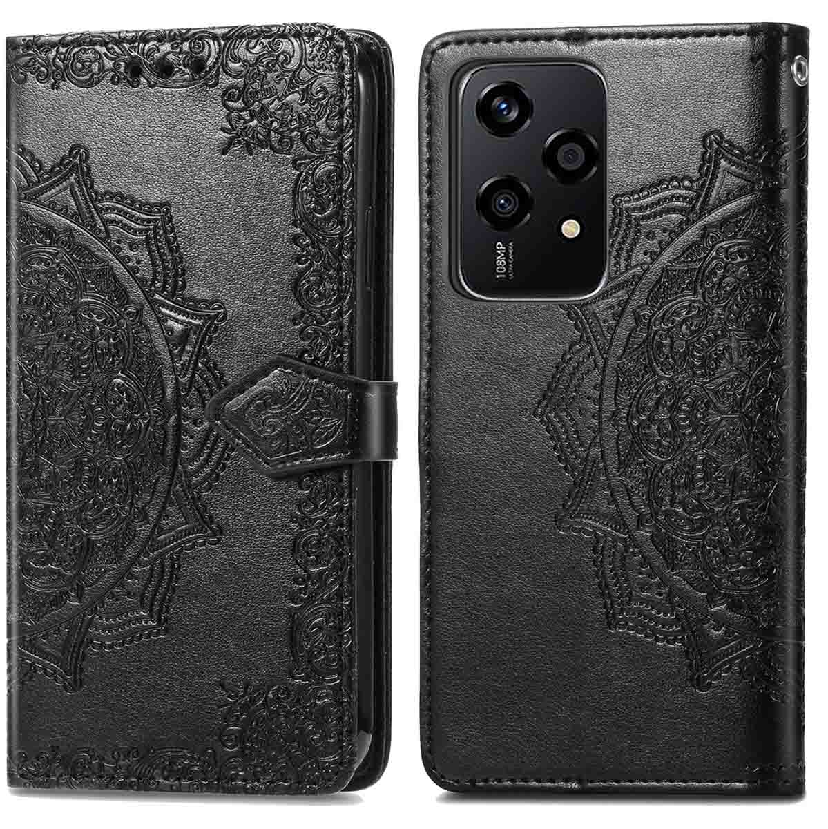 Coque de téléphone noire avec motif mandala en relief, fermée et ouverte, montrant le téléphone.