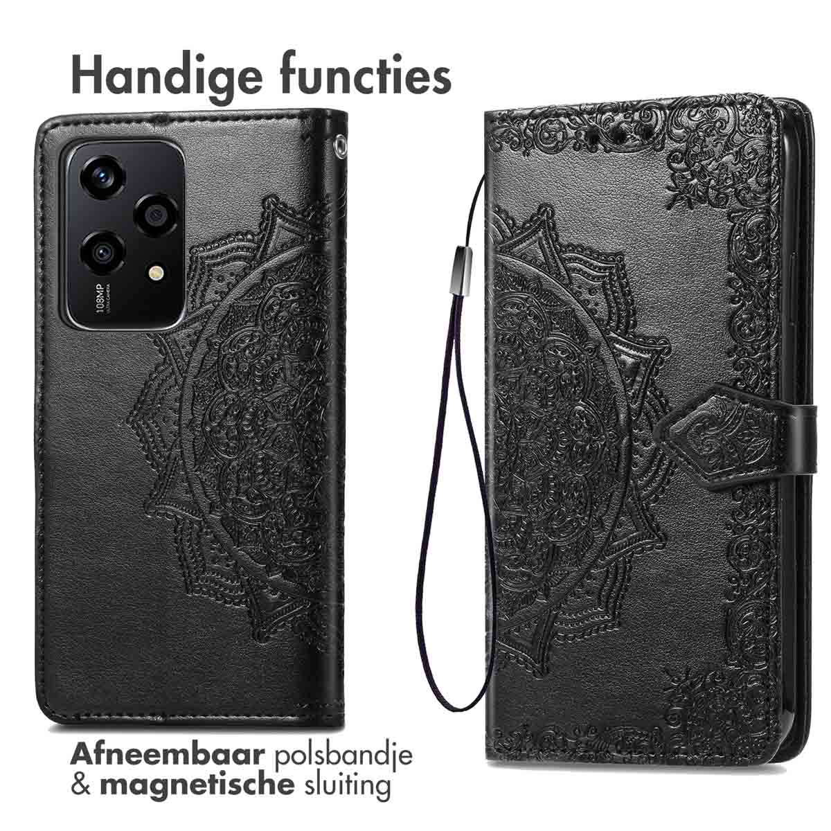 Coque de téléphone noire avec motif ornemental. Coque ouverte. Dragonne amovible incluse.