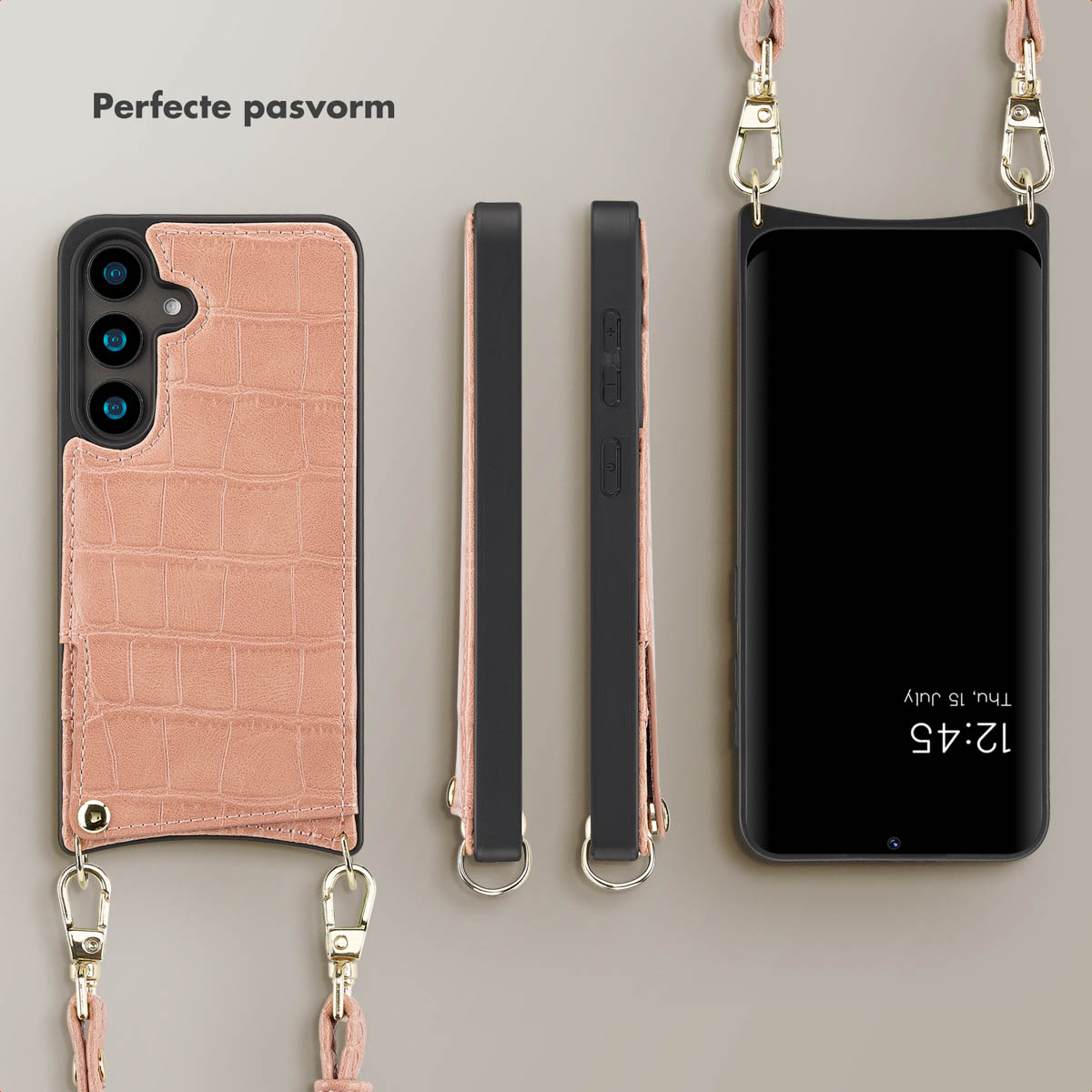 Telefoonhoesje en telefoononderdelen, met een roze krokodillenstructuur. Telefoon staat rechts met tijd. Riem en clips.