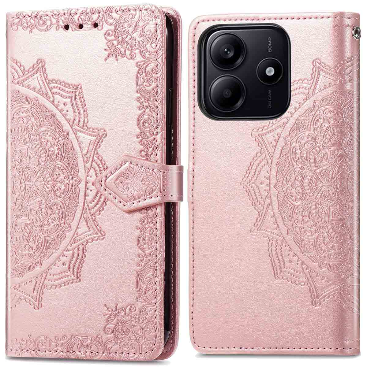 Roze telefoonhoesje met sierlijk ontwerp, open en dicht. Witte achtergrond.