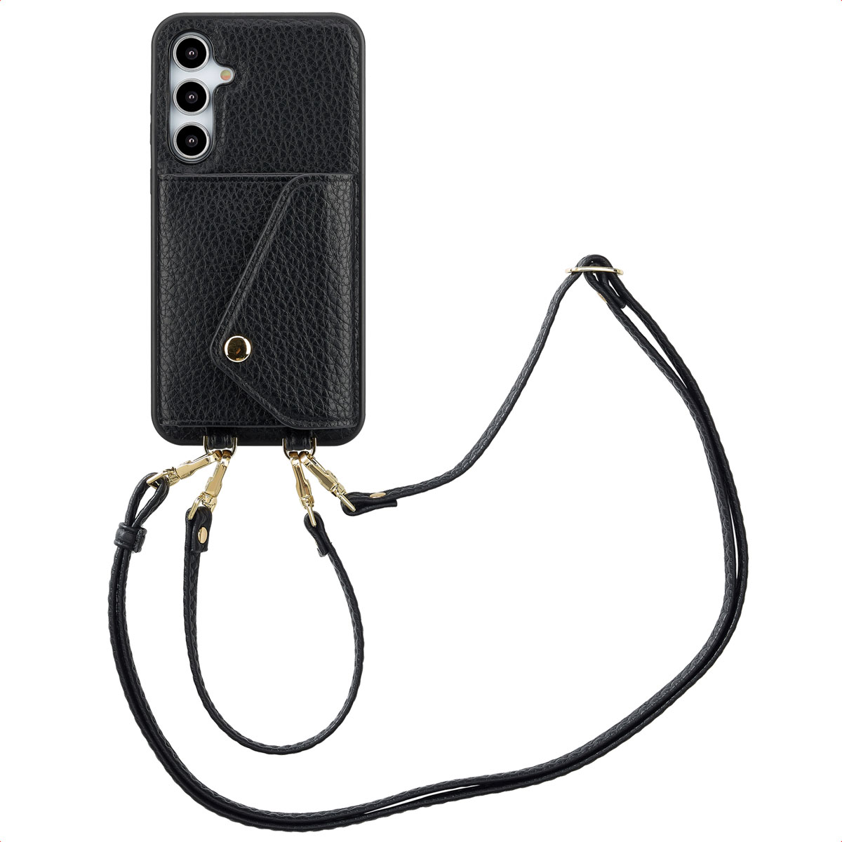 Zwarte telefoonhoes met kaartsleuf en riem. Gouden connectoren. Witte achtergrond.