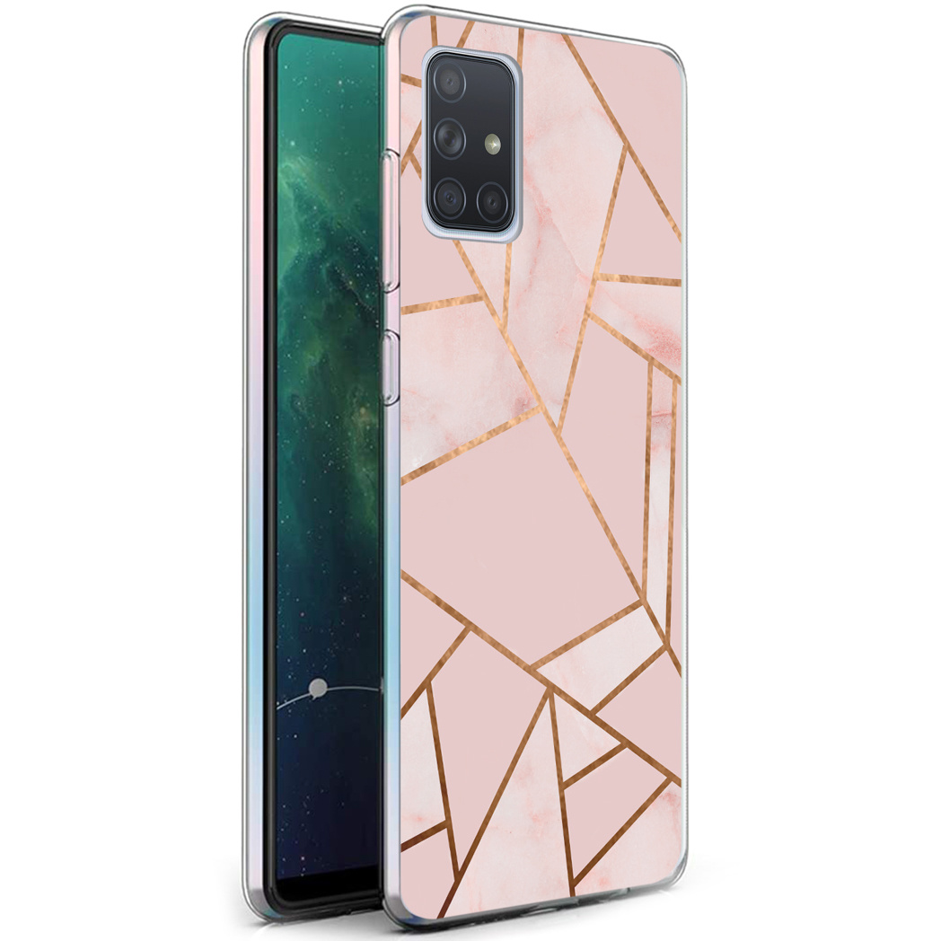 Roze telefoonhoesje met gouden lijnen. Een roze hoesje met een patroon van gouden lijnen.