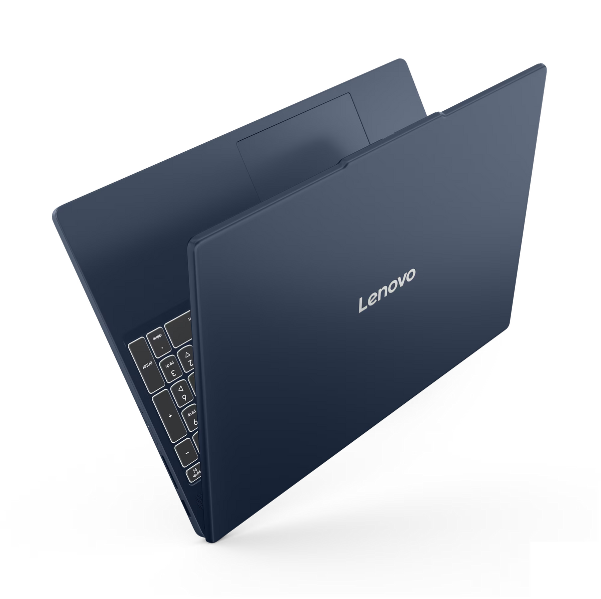 Portátil azul. Abierto, vista superior. Logotipo de Lenovo visible. Fondo oscuro.