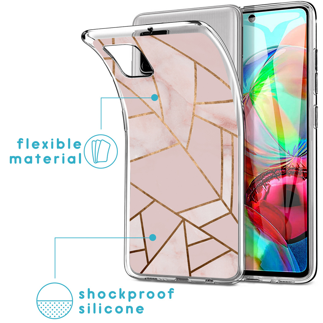 Transparante telefoonhoes met geometrisch roze marmerontwerp. Flexibel materiaal en schokbestendige siliconen.