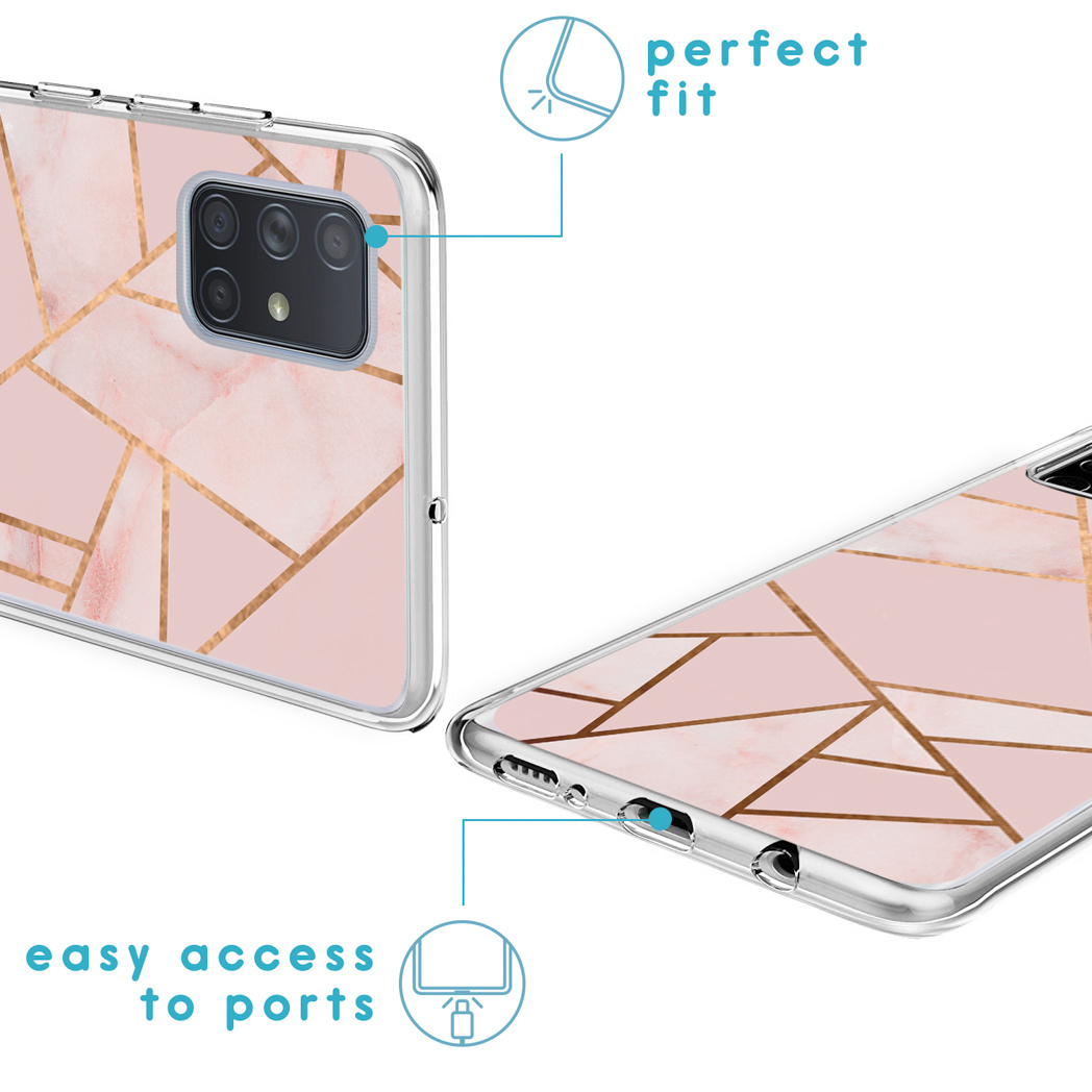 Roze telefoonhoesje met gouden lijnen. Toont de hoes met telefoon en de poorten.