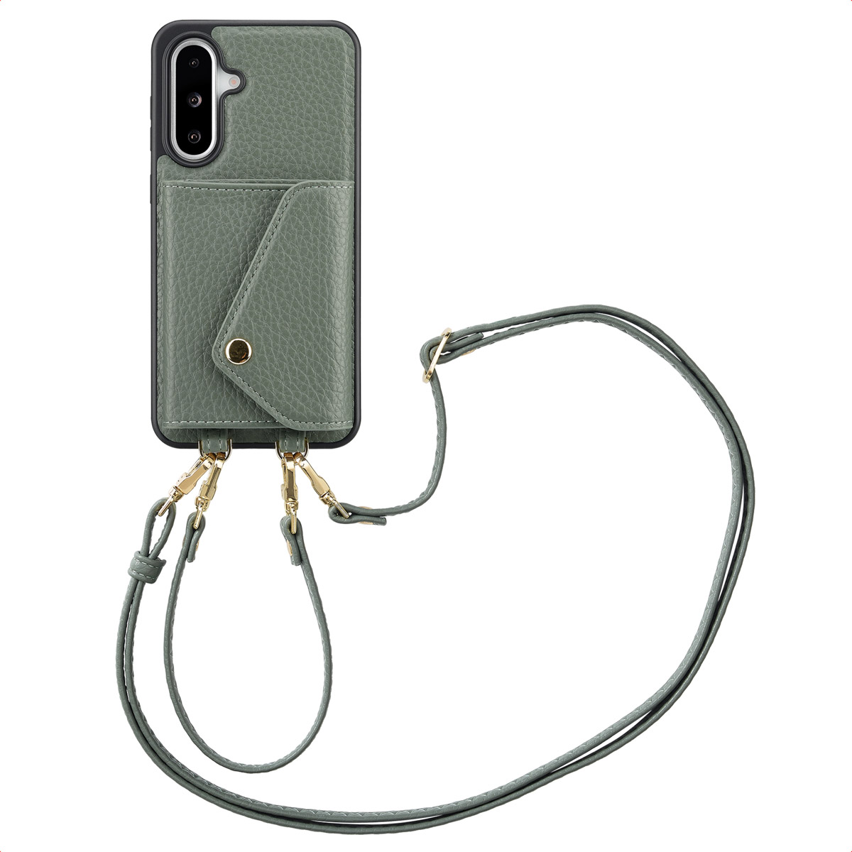 Groene telefoonhoes met kaartvak en groene riem op een wit oppervlak.