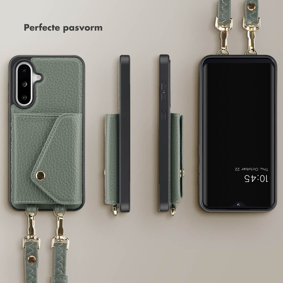 Groene telefoonhoesjes met riem en telefoon. De telefoon toont tijd en datum. Neutrale achtergrond.