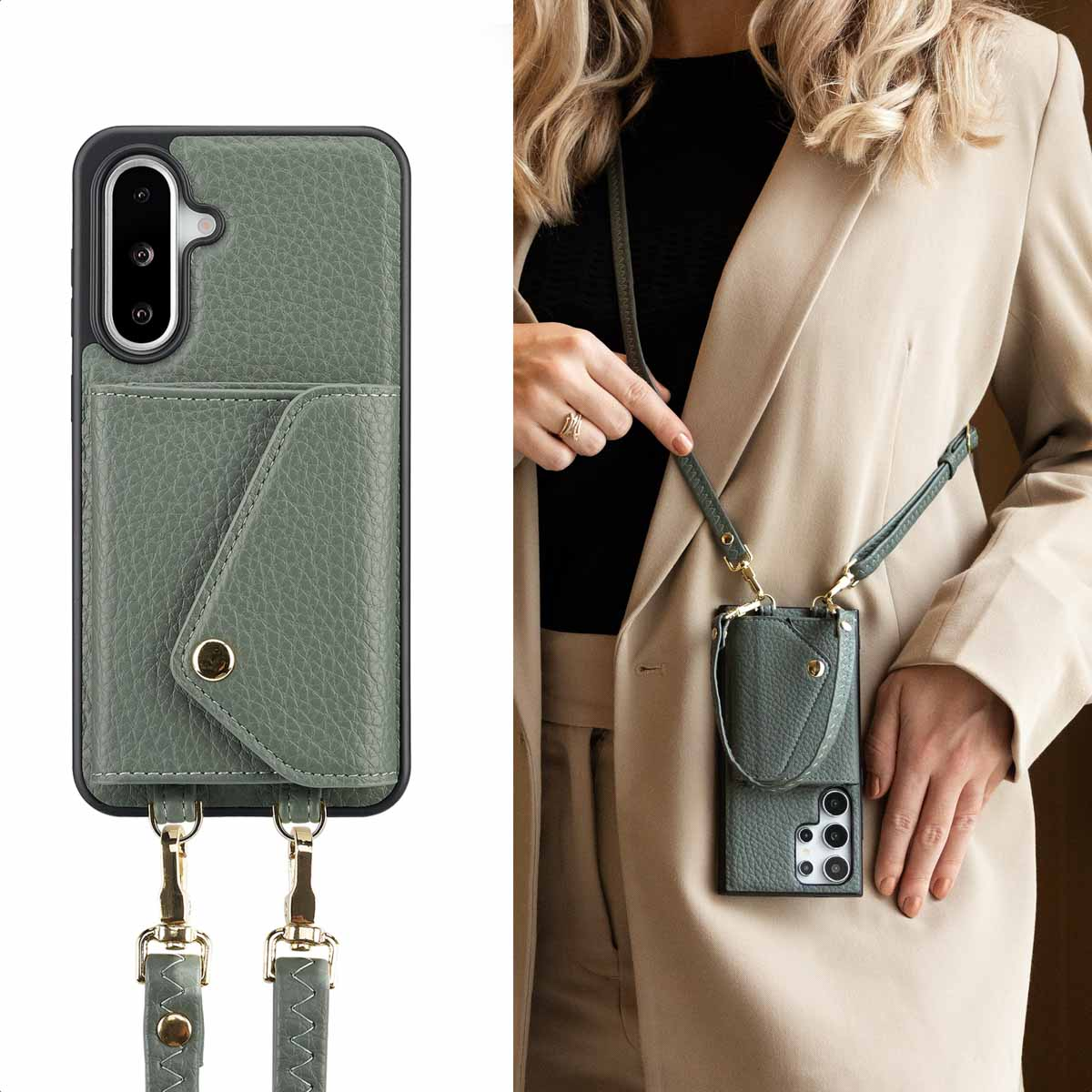 Groene telefoonhoes met riem, een vrouw met jasje.