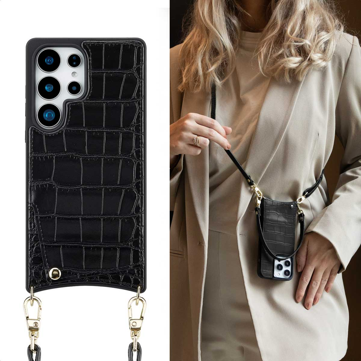 Een vrouw draagt een zwart telefoonhoesje met een riem. De hoes heeft een krokodil-achtige textuur. Beige jas.