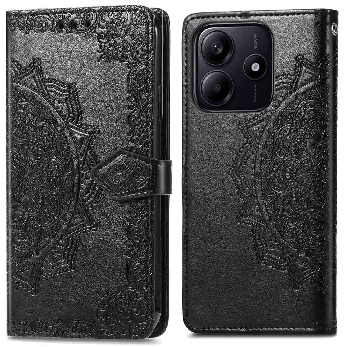 Zwarte telefoonhoes, met mandala-ontwerp, open en dicht. Met magnetische sluiting.