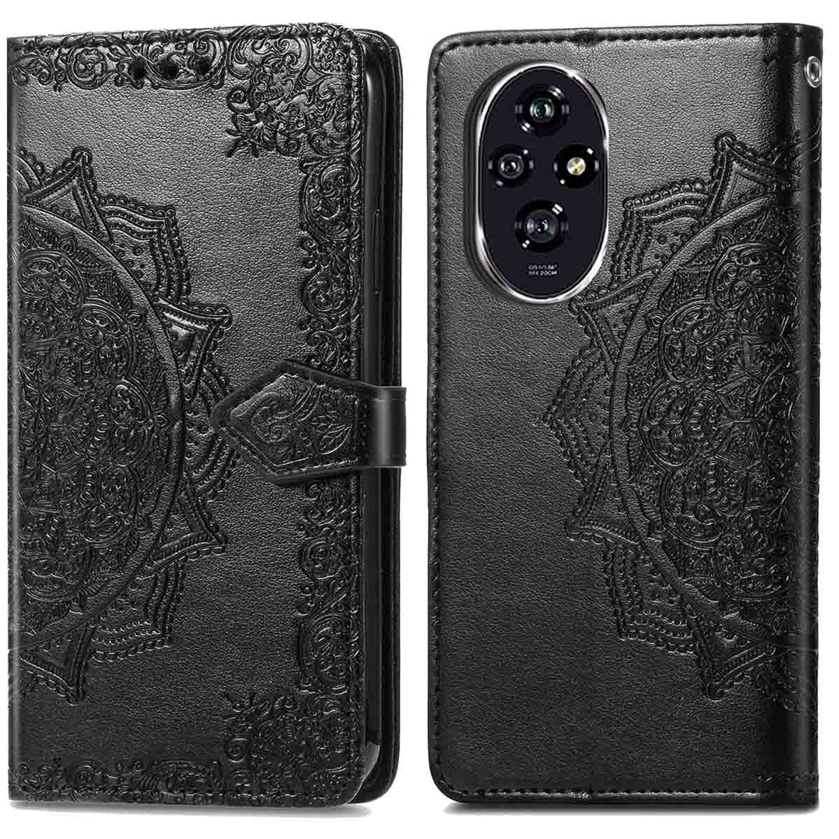 Custodia nera per telefono con portafoglio, decorata con un motivo circolare.