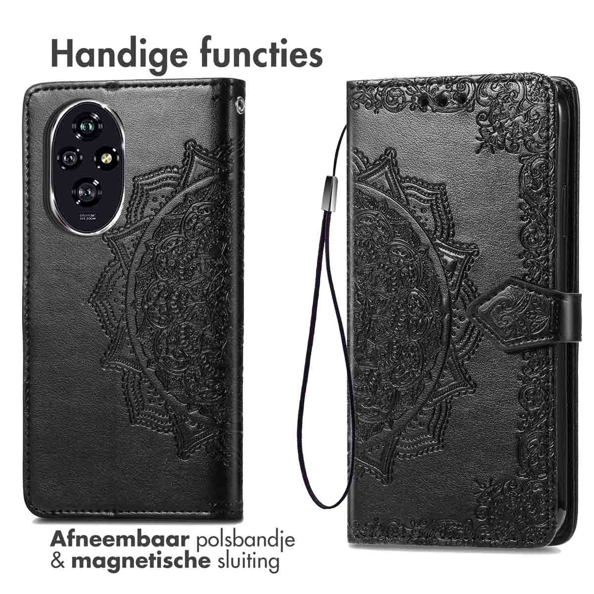 Custodia per telefono nera con un design ornato. Aperta e chiusa. Ha un cinturino da polso e una chiusura magnetica.