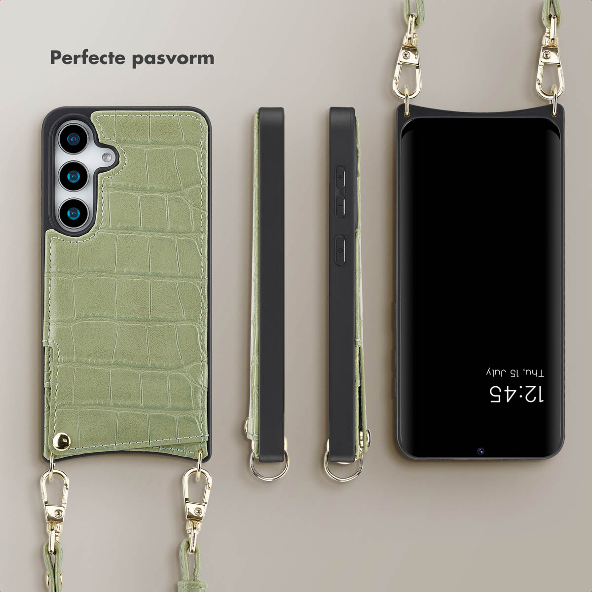 Meerdere weergaven van een groene telefoonhoes met krokodillenstructuur, een riem en een telefoon met een riem.