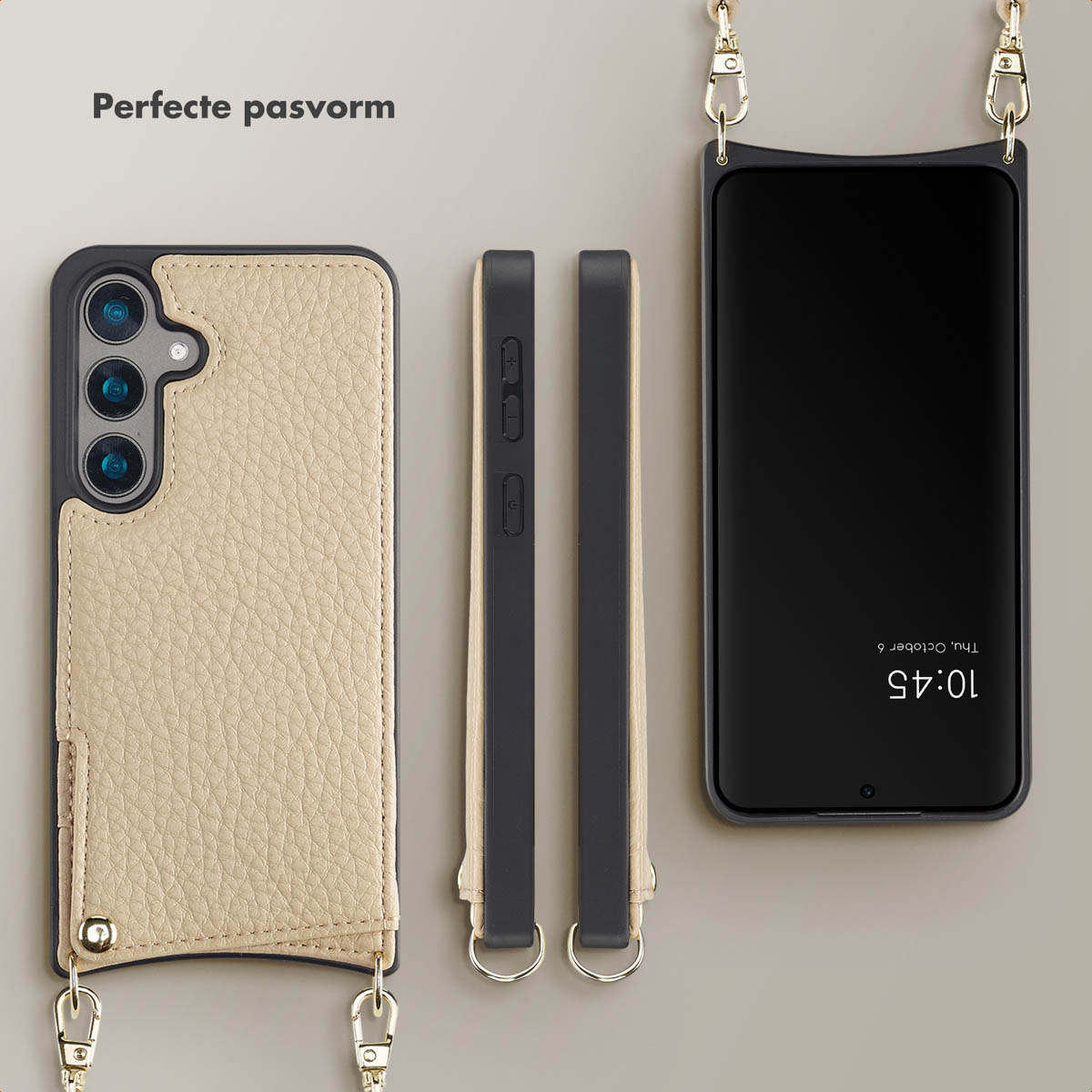 Custodia beige per telefono con cinturino e telefono con data e ora sullo schermo.