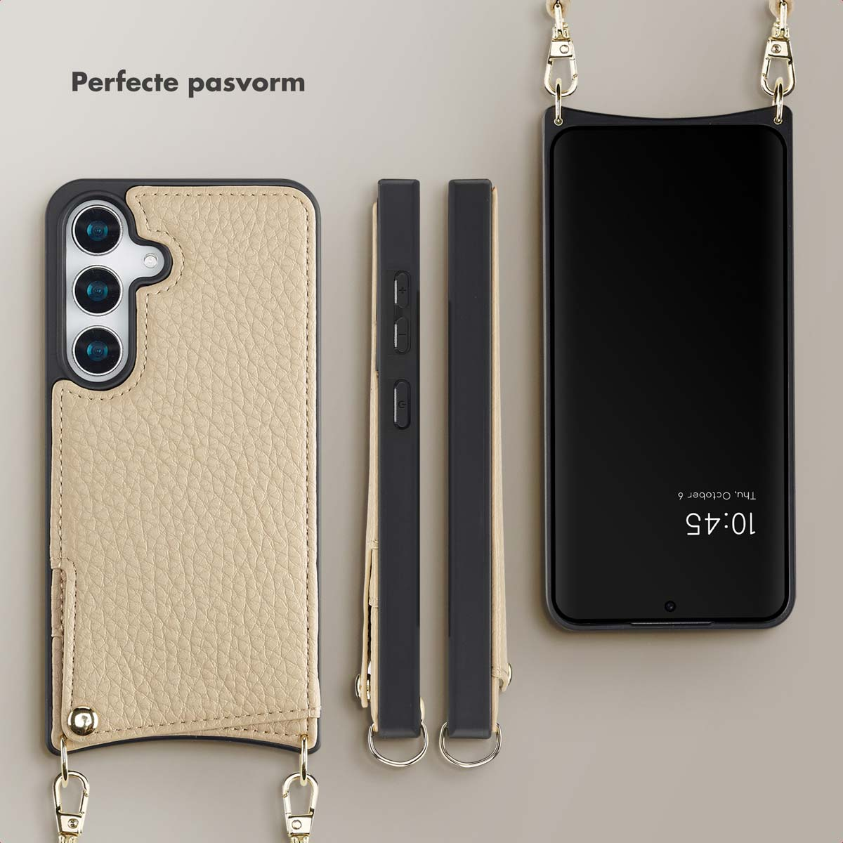 Custodia per telefono con trama in pelle beige, cornice nera e cinturino dorato. Sono visibili tre parti separate.