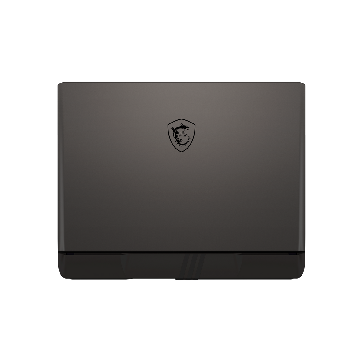 Laptop gris oscuro cerrado, logo MSI. Fondo negro.