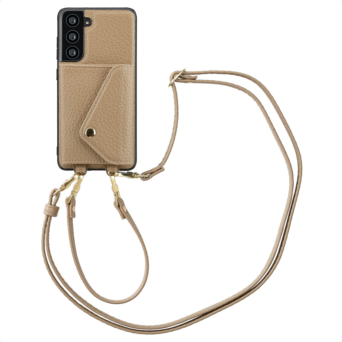 Custodia color cammello con tasca per carte e cinturino. Il cinturino è su una superficie bianca.