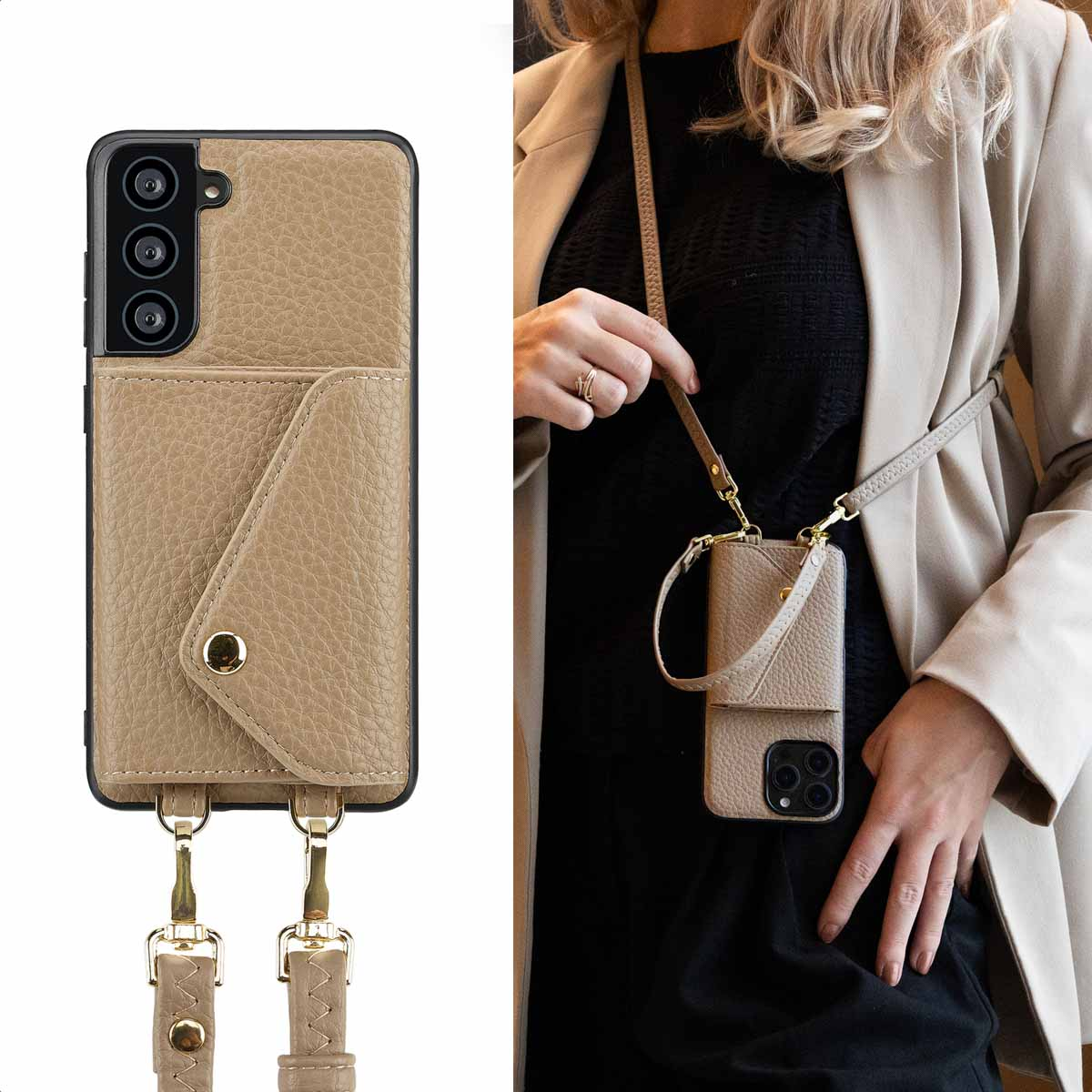 Una donna indossa una custodia per telefono con cinturino. La custodia è beige. Lo sfondo è un top nero e una giacca beige.