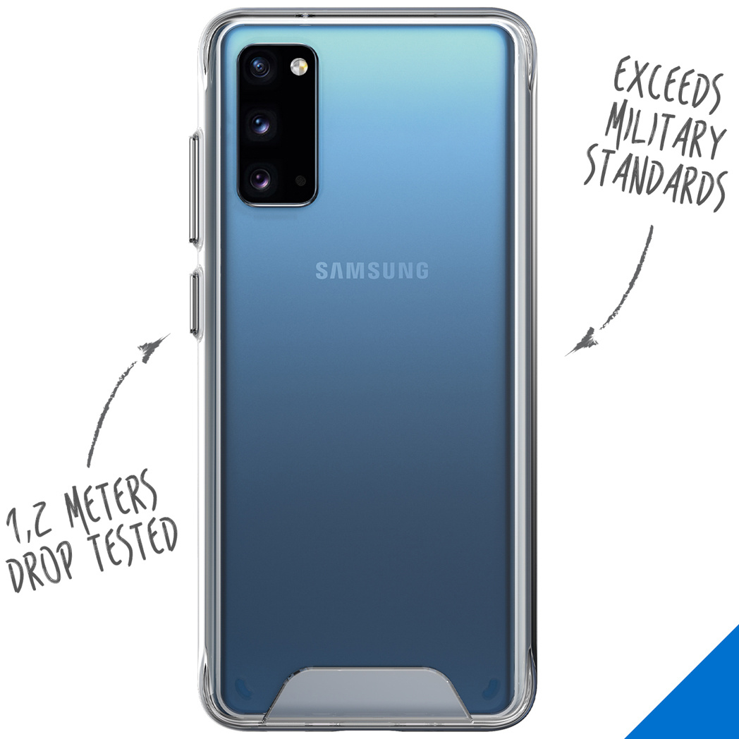Coque de téléphone transparente sur un téléphone à dégradé bleu. Le texte indique : 1,2 MÈTRES TESTÉ EN CHUTE, DÉPASSE LES NORMES MILITAIRES.